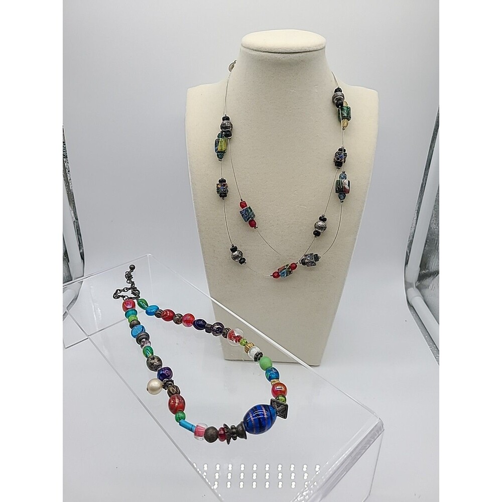 Lof of 2 Chico's Glass/Crystal Multicolor Beaded Necklaces - Glam